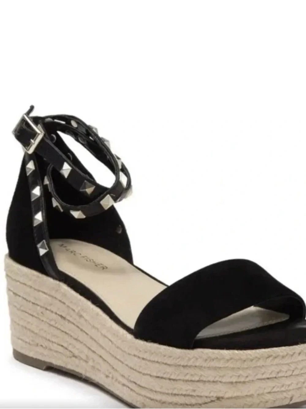 Marc Fisher Jazlyn Women 9.5 Black Suede Sexy Studded Strap Espadrilles